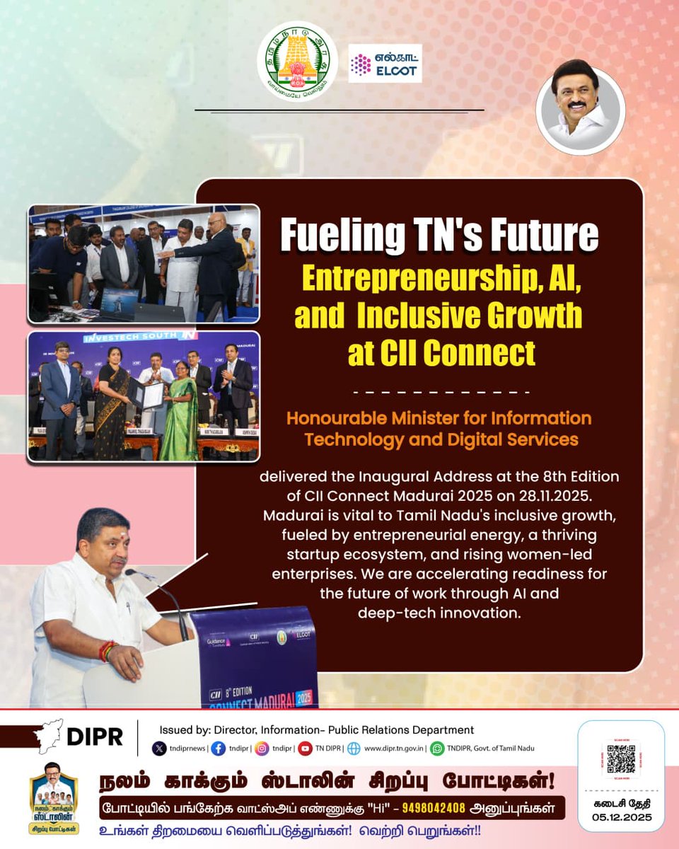 TNDIPRNEWS's tweet image. Fueling TN&apos;s Future: Entrepreneurship, AI, and Inclusive Growth at CII Connect

@CMOTamilnadu @mkstalin @Udhaystalin
@mp_saminathan

#TNDIPR #TNMediahub #CMMKStalin #DyCMUdhay #TNGovt #PeoplesGovt #TNGovtSchemes #CMOTamilnadu #peoplecm #TamilNadu