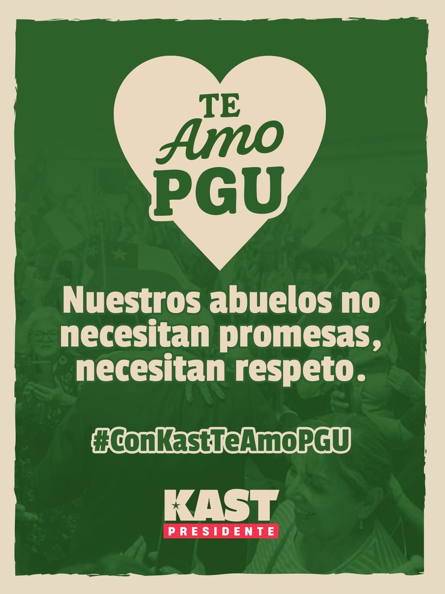 Nuestro adultos mayores merecen certezas, no promesas vacías. Con José Antonio Kast, la PGU se respeta y se fortalece para siempre. Chile necesita un liderazgo que hable con hechos, no con miedo. 🇨🇱🖐🏻
#ConKastTeAmoPGU
#KastPresidente