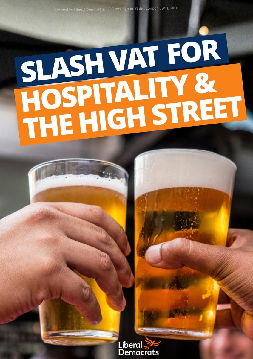 LibDems's tweet image. Pint prices are going up and pubs are under pressure.

The Government’s ‘stealth tax’ on hospitality will deal even more damage. We need an emergency hospitality VAT cut now.