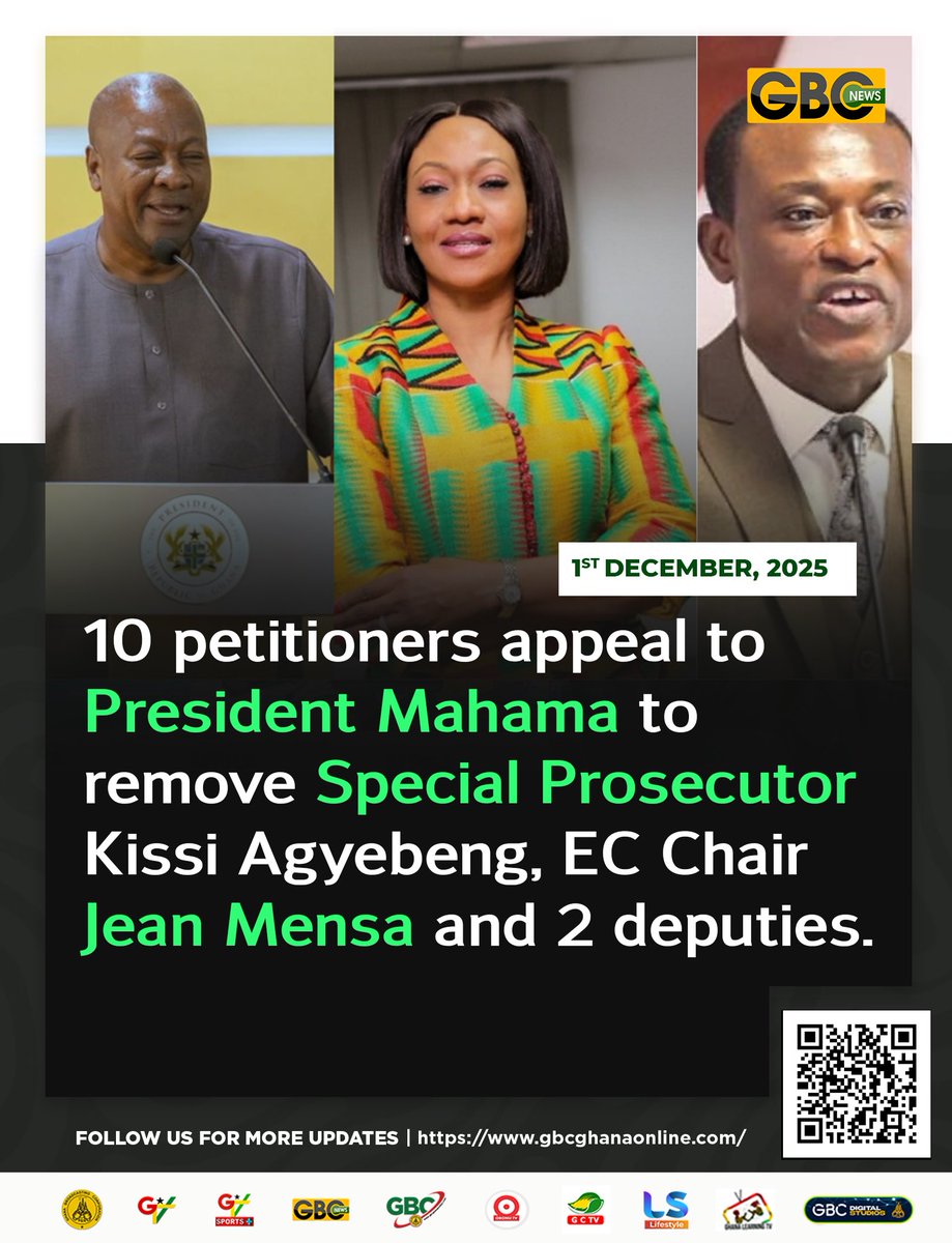 GTV_Ghana's tweet image. 10 petitioners appeal to President Mahama to remove Special Prosecutor Kissi Agyebeng, EC
Chair Jean Mensa and 2 deputies. #gtv #GTVNews #petition