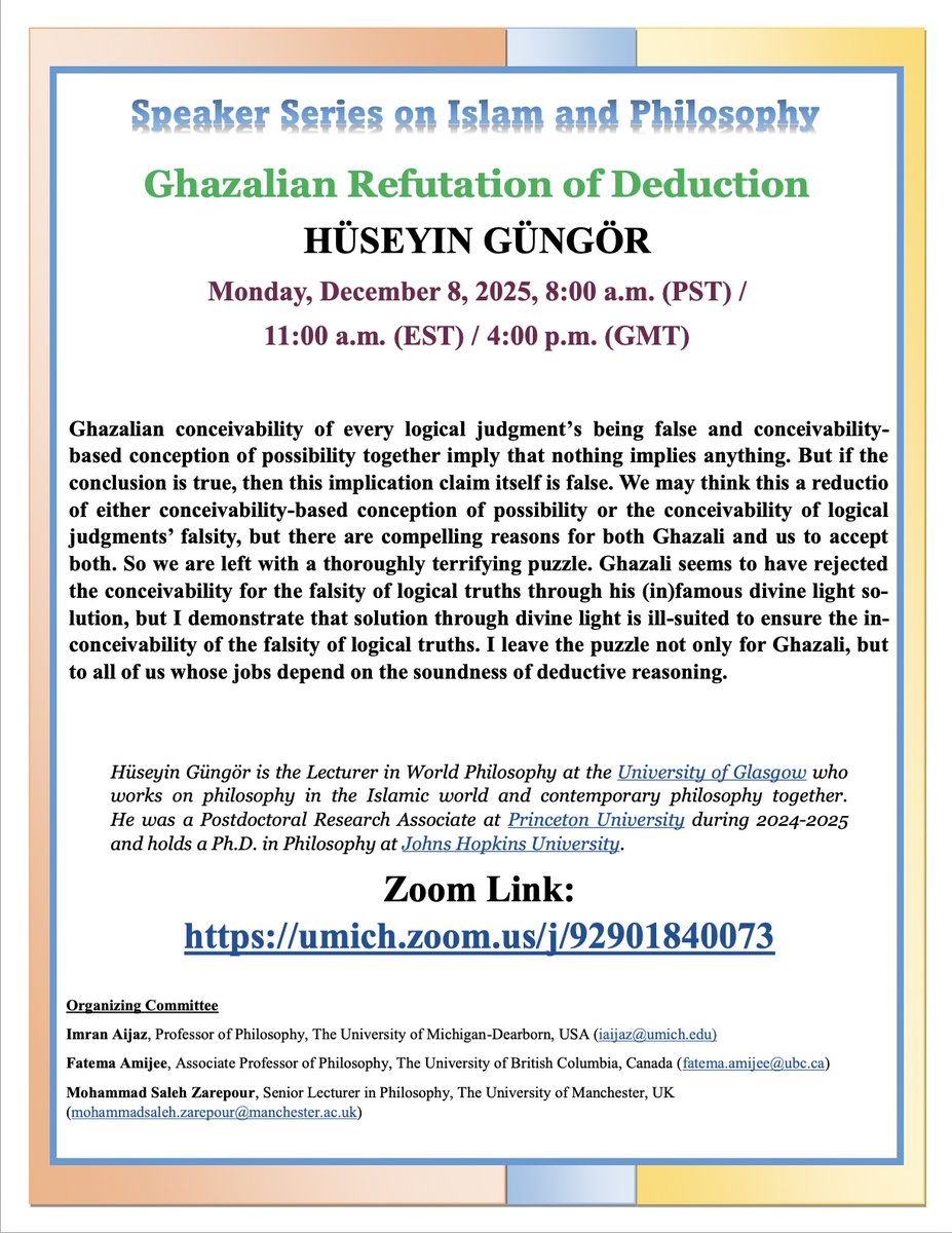 Will be talking about philosophy of logic in the Islamic tradition in a week's time. Everyone's welcome!