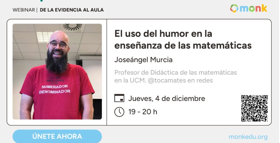 ¿Os apetece aprender a usar el humor en las clases de matemáticas? Pues este jueves, 4 de diciembre, webinar con el gran <a href="/tocamates/">Joseángel Murcia</a>: survey.survicate.com/dbc242095d3dd8…