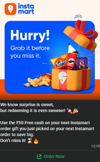 manishbaroda's tweet photo. @SwiggyCares No, I trusted the app. Should I have recorded that?
I have only whatsup msg to share. I also have previous screenshot whereby I could not grab that offer too and sent an email whereby I was told that it will be replied in 3 days. Irony that the coupon was valid for 1 day only. https://t.co/k14ST0bw5G