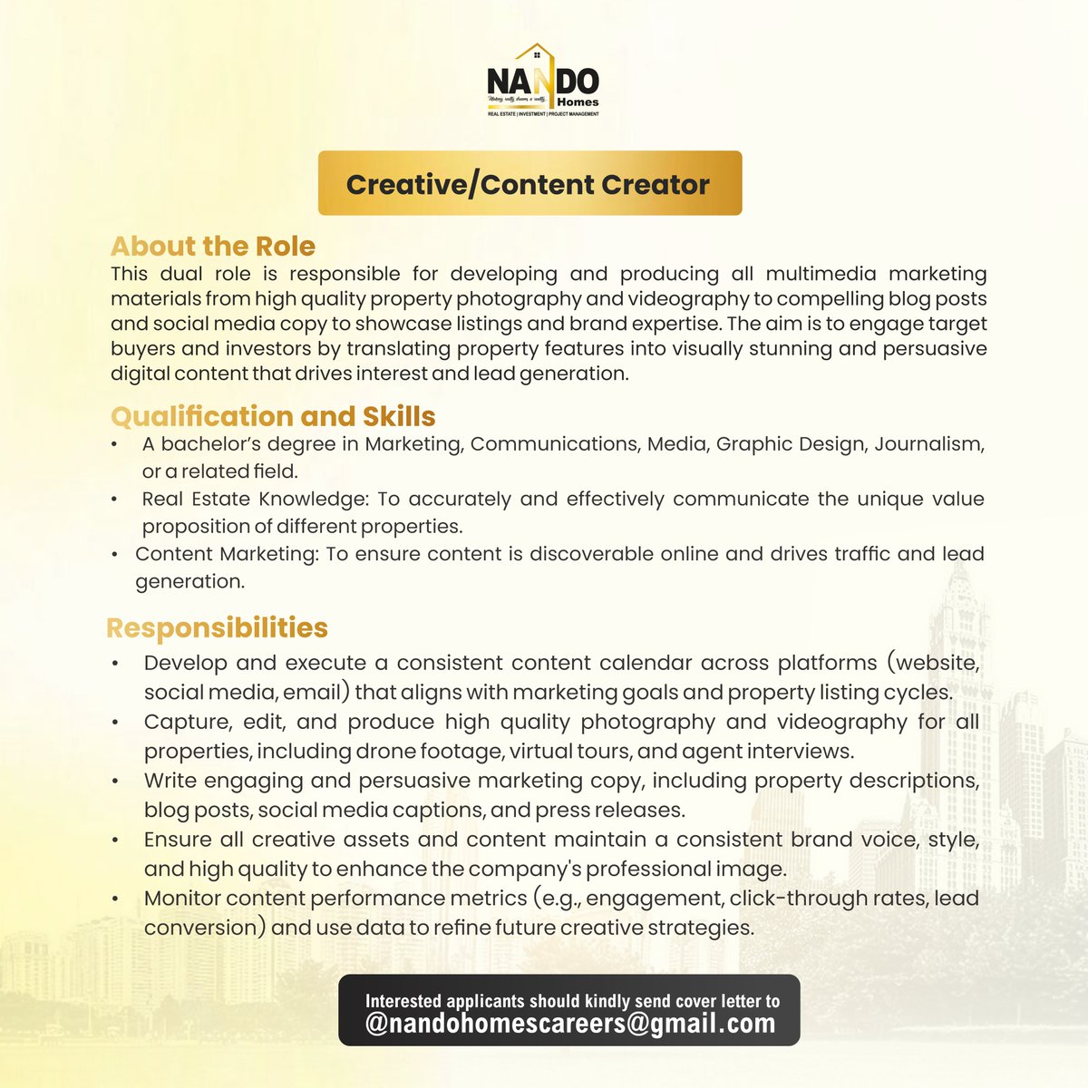 JobBusStop's tweet image. Hiring: Creative/Content Creator

Location: Abuja

See flyer for More Details.
Send Application to nandohomescareers@gmail.com