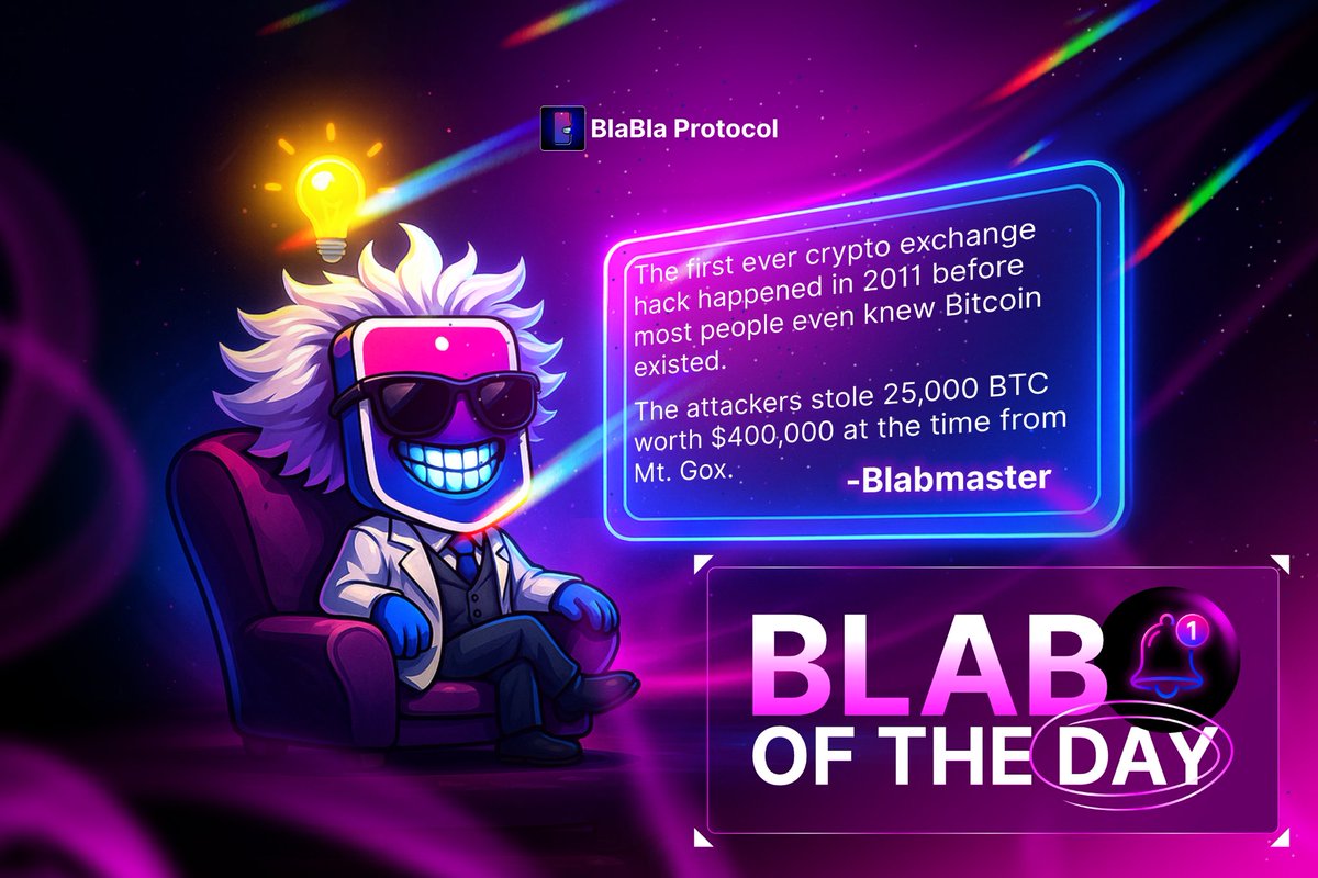 The first major crypto exchange hack happened in 2011, long before most people even knew Bitcoin existed.

25,000 BTC stolen. Worth $400k then - billions today.

Crypto has come a long way for real.

&lt;𝘉𝘭𝘢𝘣 𝘰𝘧 𝘵𝘩𝘦 𝘋𝘢𝘺 𝘣𝘳𝘰𝘶𝘨𝘩𝘵 𝘵𝘰 𝘺𝘰𝘶 𝘣𝘺