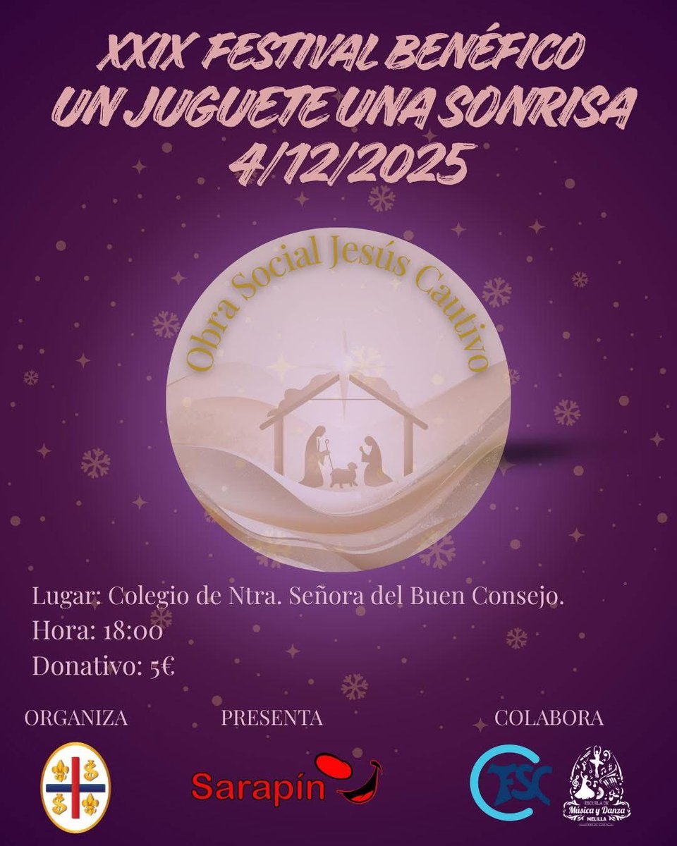 ✨ ¡Vuelve un año más el Festival Benéfico “Un Juguete, Una Sonrisa”! ✨
El próximo 4 de diciembre de 2025 a las 18:00 h, en el Colegio Ntra. Señora del Buen Consejo, celebraremos una nueva edición de este festival solidario organizado por la Obra Social Jesús Cautivo.

🤲 Tu