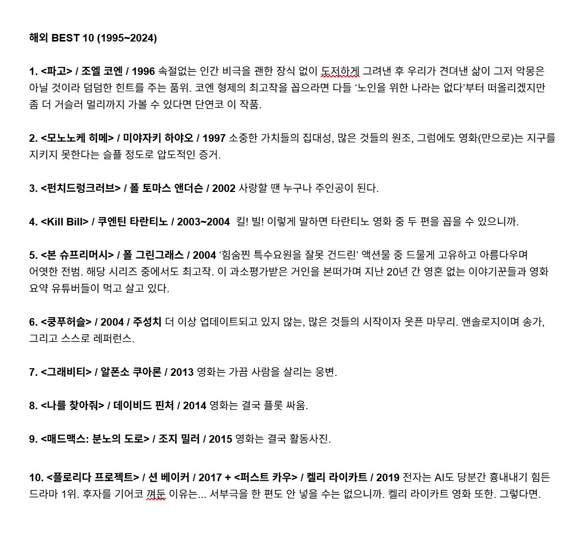 씨네리 30주년 설문에 응하였으나 여차저차 지면에 반영되지는 못하였다는(아마도 프로이드적인 실수로 예상. 각설하고..) 창작자 윤성호 픽 1995~2024 국내/해외 영화 임팩트 10선. 순위를 매기는 것이 거시기하고 기준도 개인 취향에만 근거하는 것이 맞나 싶어 당시에 매체 담당자에게 보낸 辯 재중