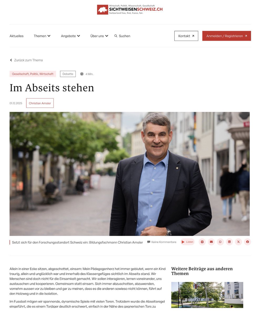 ChristianAmsler's tweet photo. Neu bin ich Autor der digitalen Plattform  https://t.co/znsNIeRBOv . Mein erster Beitrag lautet „Im Abseits stehen“: Christian Amsler spannt einen Bogen von der Schule über den Fussball zu politischen Weichenstellungen unseres Landes. https://t.co/0pJWPK9Wao https://t.co/fIG7GeHzDX