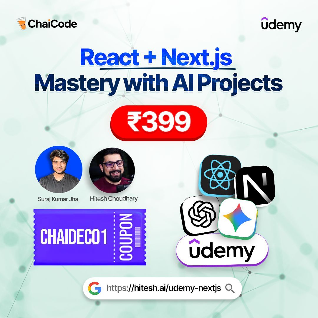Hiteshdotcom's tweet image. 🚀 Kickstart your React and NextJS journey at just ₹399! 💻✨

Get &quot;Complete React and NextJS course with AI powered Projects &quot; on Udemy with this exclusive coupon! 🔥

🎟️ Code: CHAIDEC01    
⏳ Valid for 5 days only!

Don’t miss out—enroll now! 

#React #nextjs #UdemyCourse…