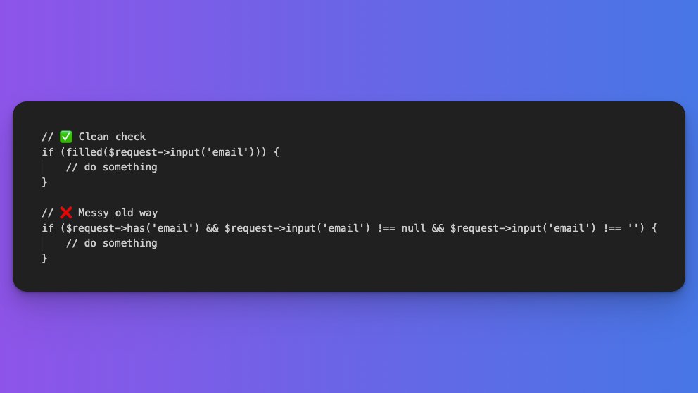 laravelbackpack's tweet image. #Laravel Tip

Did you know... filled() is smarter than has() — it also checks that the value isn&apos;t null or empty.