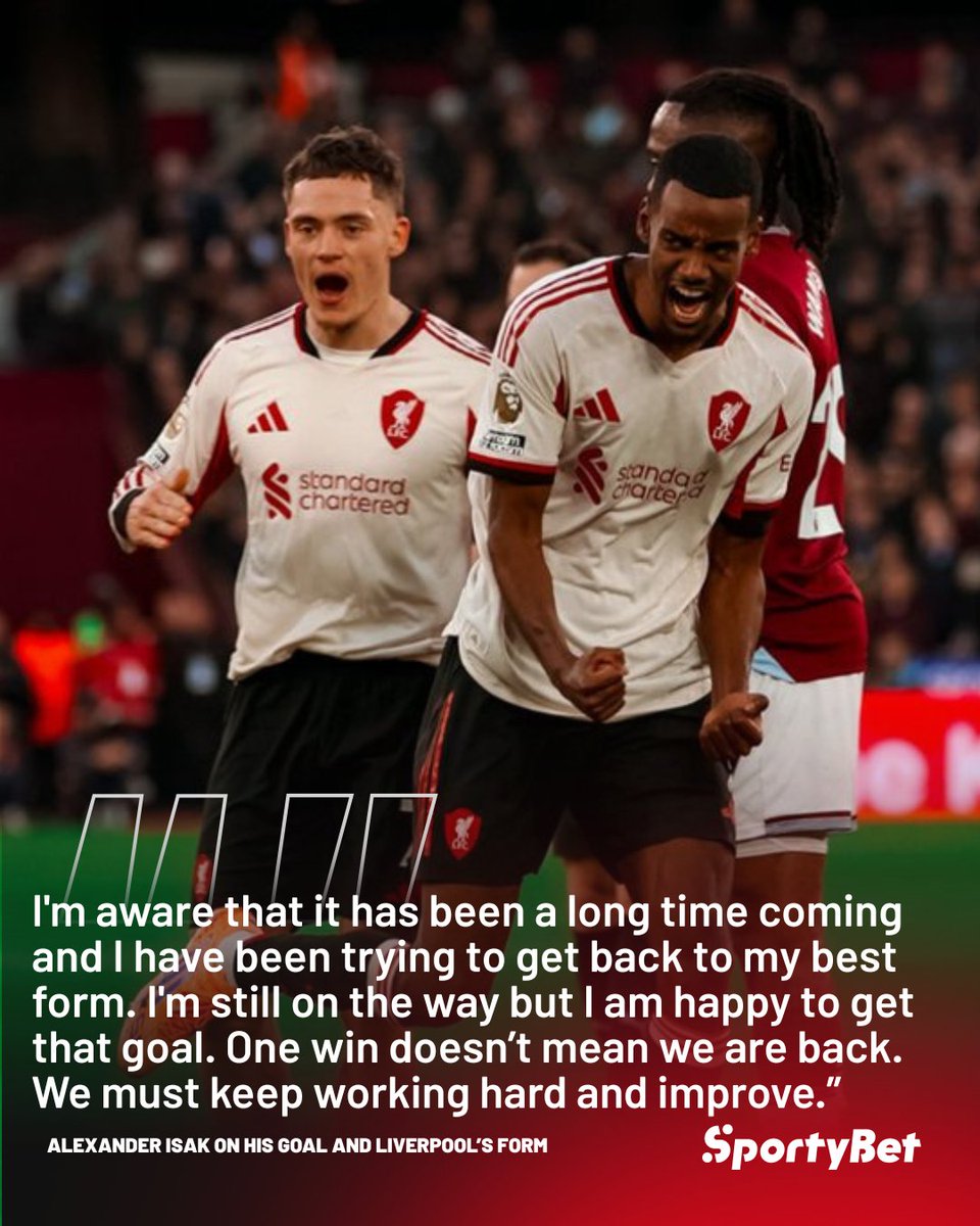 SportyBet's tweet image. 🗣️Alexander Isak was delighted to score his first Premier League goal for his new club Liverpool but insisted that there is still work to be done for them to return to their best form as a team. 🔴⚽

#Isak #Liverpool #EPL #PremierLeague