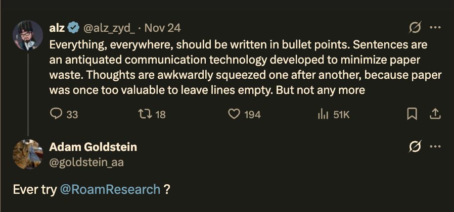 not_njau's tweet photo. 0/10 From new developer APIs to native Task management and random recommendations by Grok out in the wild. 

I've been Roam 'n' Around this past November and here's what transforming how we think in @RoamResearch https://t.co/Y9gZZs29ed
