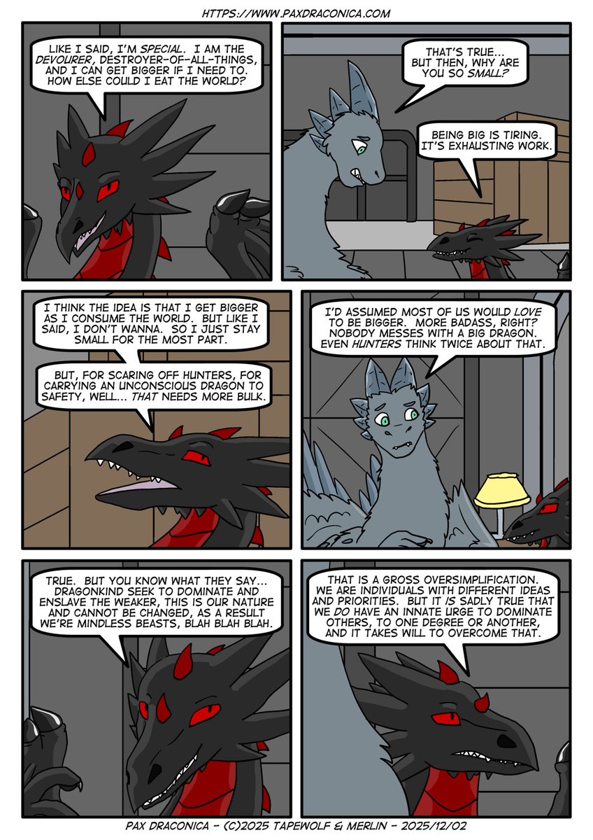 Fiskul explains that size isn't everything in Pax Draconica.
#furry #comics #furryart #dragons

Previous pages are here: paxdraconica.com/paxdrac1.php?s…