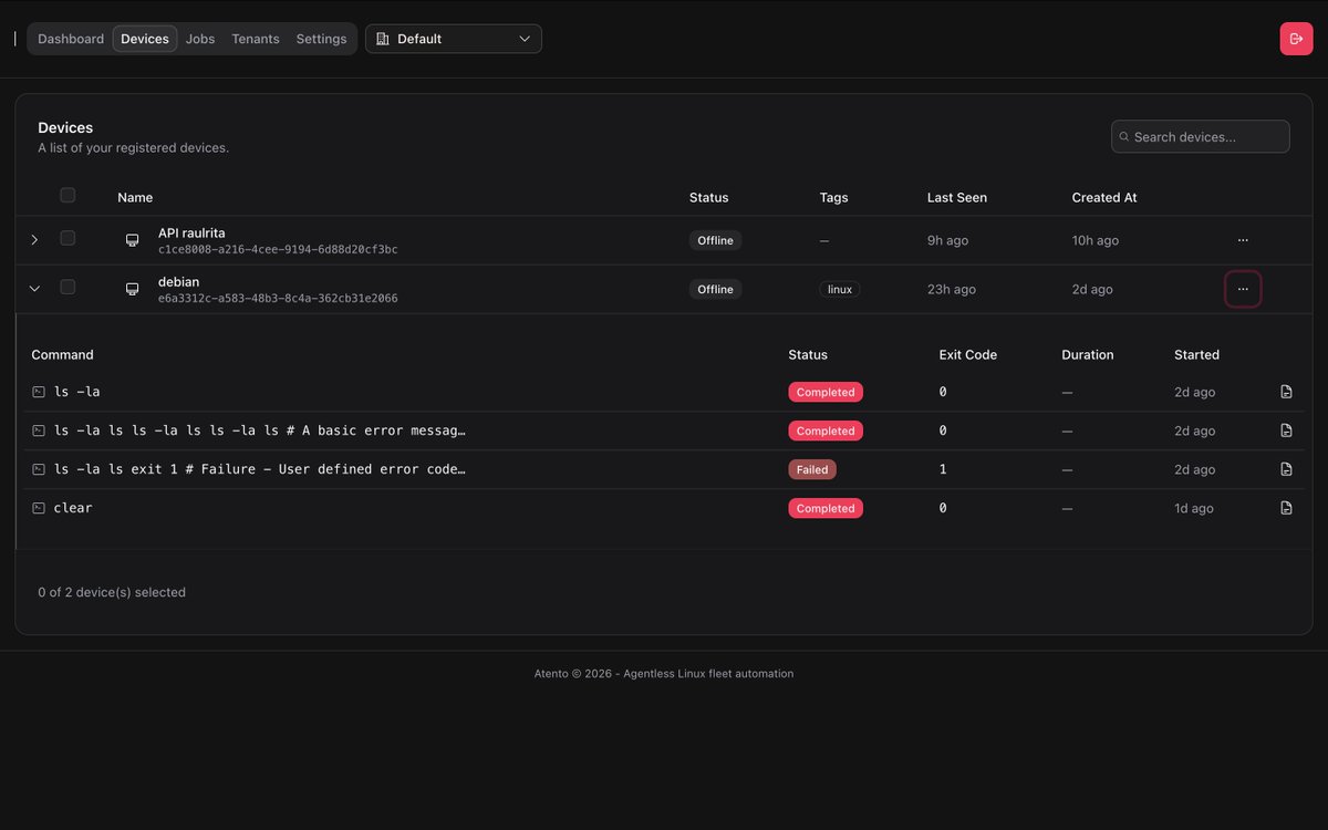 raulritaIndie's tweet image. Just shipped Atento.dev 

A single web dashboard to Run commands on multiple Linux devices.

Agentless. Zero daemons. Zero persistent processes.  

Free beta, no CC required  #linuxbootprocess 

 #SysAdmin #DevOps #LinuxAdmin #MSP