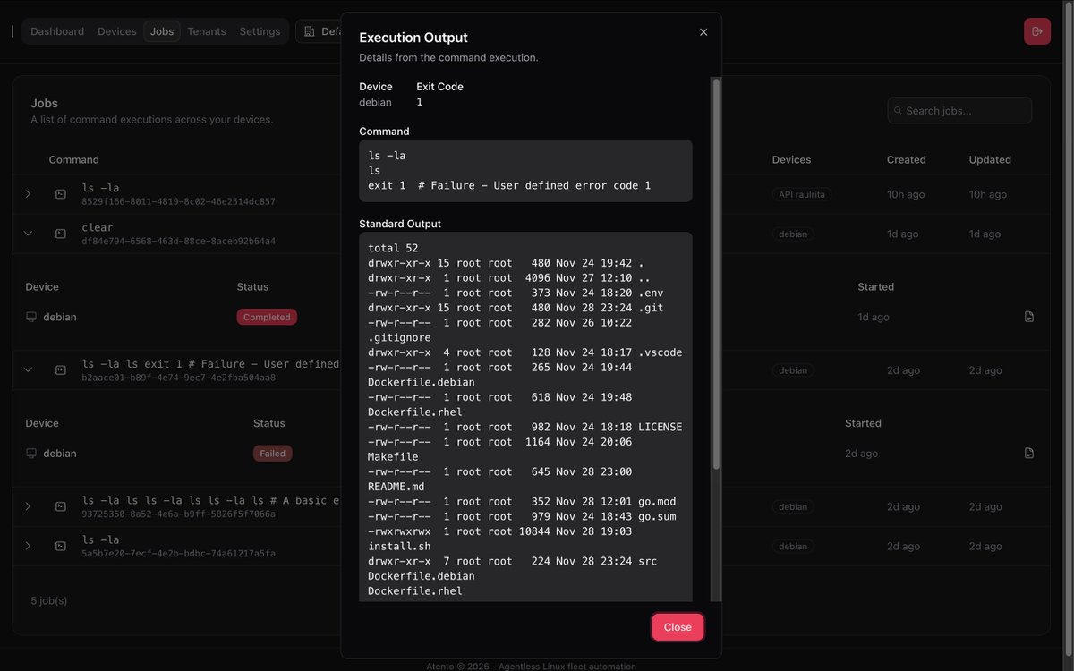 raulritaIndie's tweet image. Just shipped Atento.dev 

A single web dashboard to Run commands on multiple Linux devices.

Agentless. Zero daemons. Zero persistent processes.  

Free beta, no CC required  #linuxbootprocess 

 #SysAdmin #DevOps #LinuxAdmin #MSP
