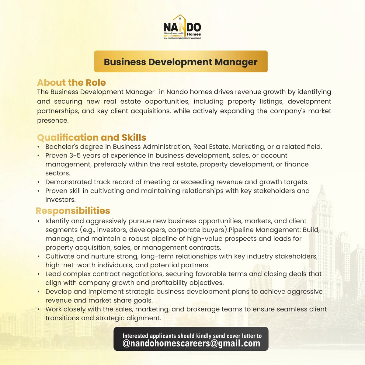 JobBusStop's tweet image. Hiring: Business Development Manager

Location: Abuja

See flyer for More Details.
Send Application to nandohomescareers@gmail.com