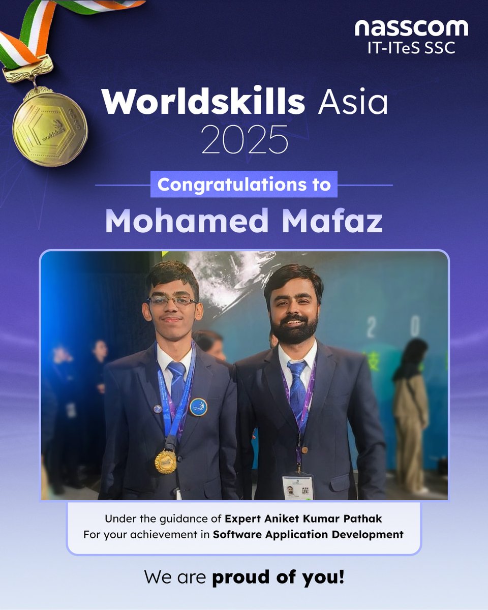 sscnasscom's tweet image. #Congratulations to Mohamed Mafaz for his remarkable achievement in Software Application Development at @WorldSkillsAsia 2025!

Shoutout to his dedicated mentor, Aniket Kumar Pathak, whose support was key to this milestone.

#SSCNasscom #SoftwareApplicationDevelopment #TeamIndia