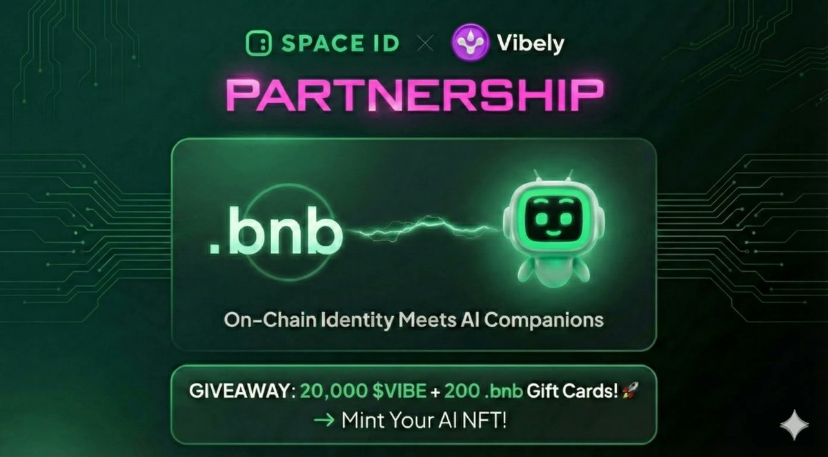SPACEID's tweet image. 200 .bnb Gift Cards + 20,000 $VIBE? Say less.

We are thrilled to integrate with @vibelyai to power the next generation of AI companions.

-&amp;gt; Connect your .bnb domain
-&amp;gt; Mint your free AI NFT
Enter to win big!👇