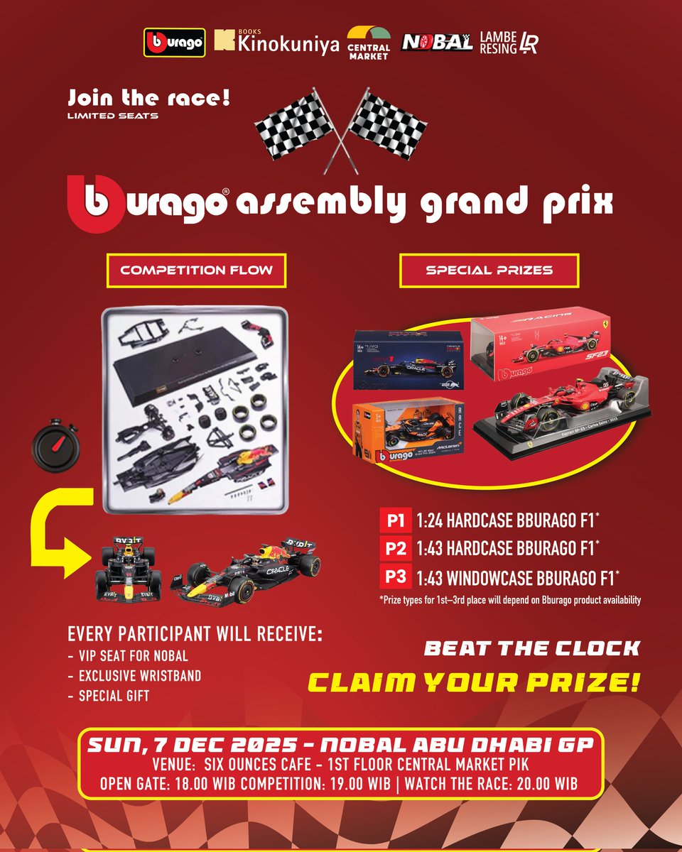 🇦🇪NOBAL ABU DHABIGP X BBURAGO ASSEMBLY GP 🇦🇪

WDC is on the line, kita nobarkan gak sih!

🏎️ Rakit diecast Bburago Racing Kits F1 bareng-bareng
🏆 Menangkan diecast 1:24 &amp; 1:43 hardcase Bburago F1 bagi yang tercepat!
🎫 Dapatkan VIP seats + Special Wristband + diskon produk