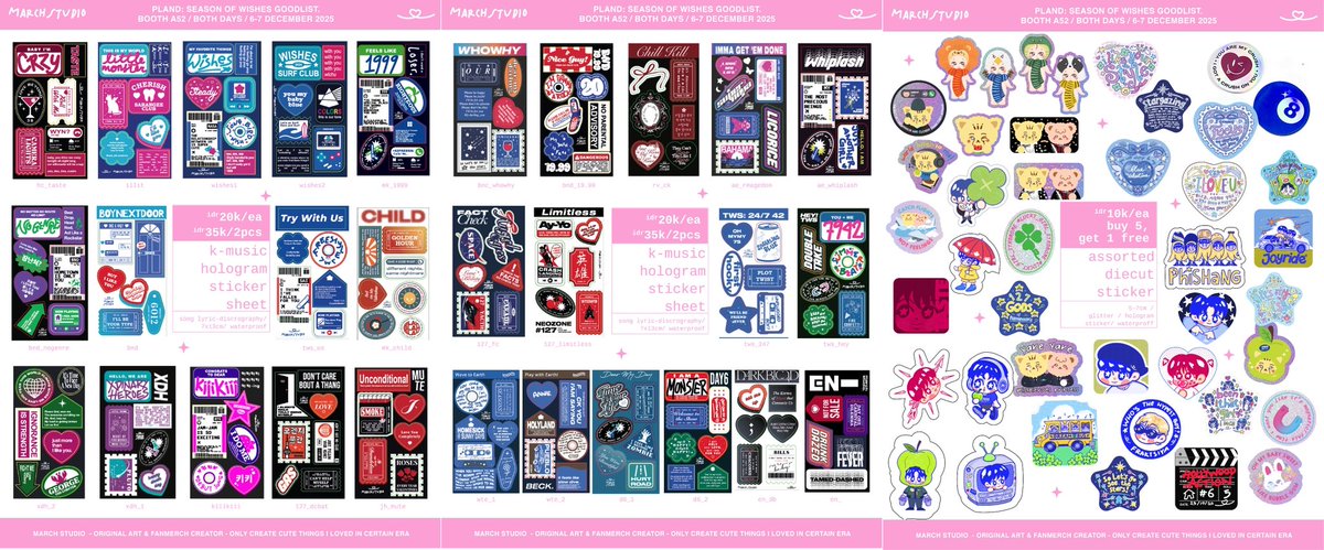 #PLandSeasonofWishes #PLANDArtMarket catalogue

🌟 a52 both days
💫 blok m hub
🪽 ots only

💖 nct 127 +( mark haechan doyoung jaehyun), nct wish, h2h, nmixx, aespa, kiiikiii, illit, rv, bnd, tws, cortis, xdh, day6, w2e, thepoles, original, cute stuff, #morudoll, wicked, lalaland