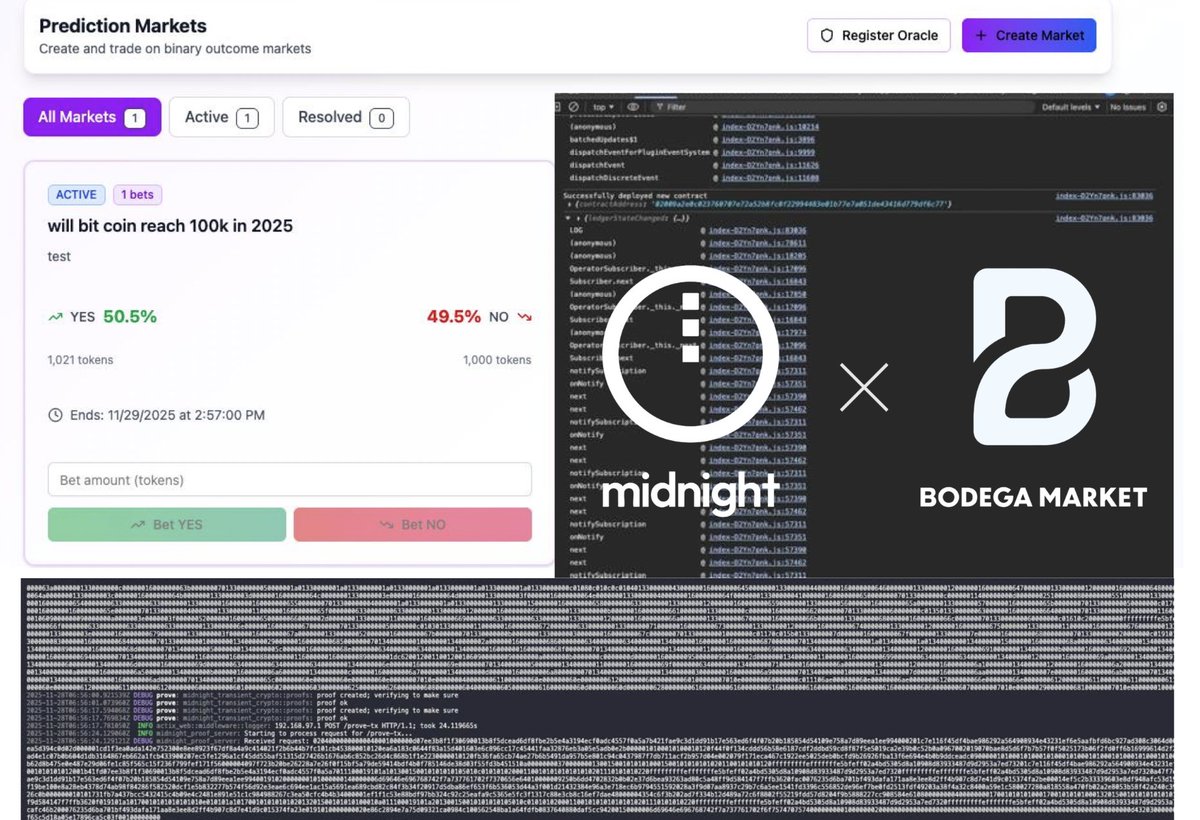 BodegaCardano's tweet image. Bodega on Midnight | Update 🕛

We’re excited to share a major milestone for the project. This weekend, our team successfully deployed our first smart contract on the @MidnightNtwrk testnet.

A privacy-focused prediction market is becoming a reality, and it will redefine what’s…