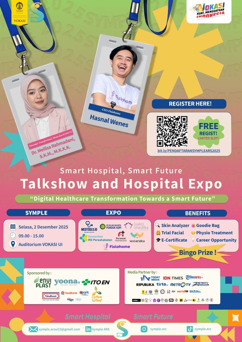 Halo Sympleans!✨
Siap jadi bagian masa depan kesehatan? Yuk datang ke SYMPLE 2025 terdapat Talkshow &amp; Expo Fasilitas Kesehatan dengan speaker inspiratif dan berbagai aktivitas yang bisa kamu coba.

Narahubung:
Farrah Tazkia (WhatsApp: 0812-8179-7282)