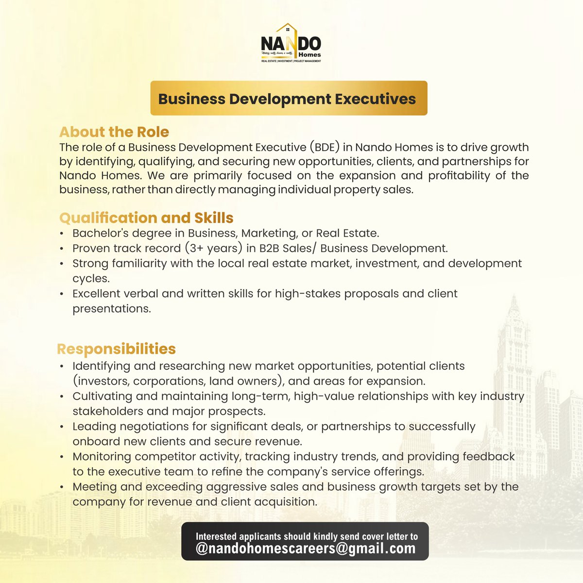 JobBusStop's tweet image. Hiring: Business Development Executives

Location: Abuja

See flyer for More Details.
Send Application to nandohomescareers@gmail.com