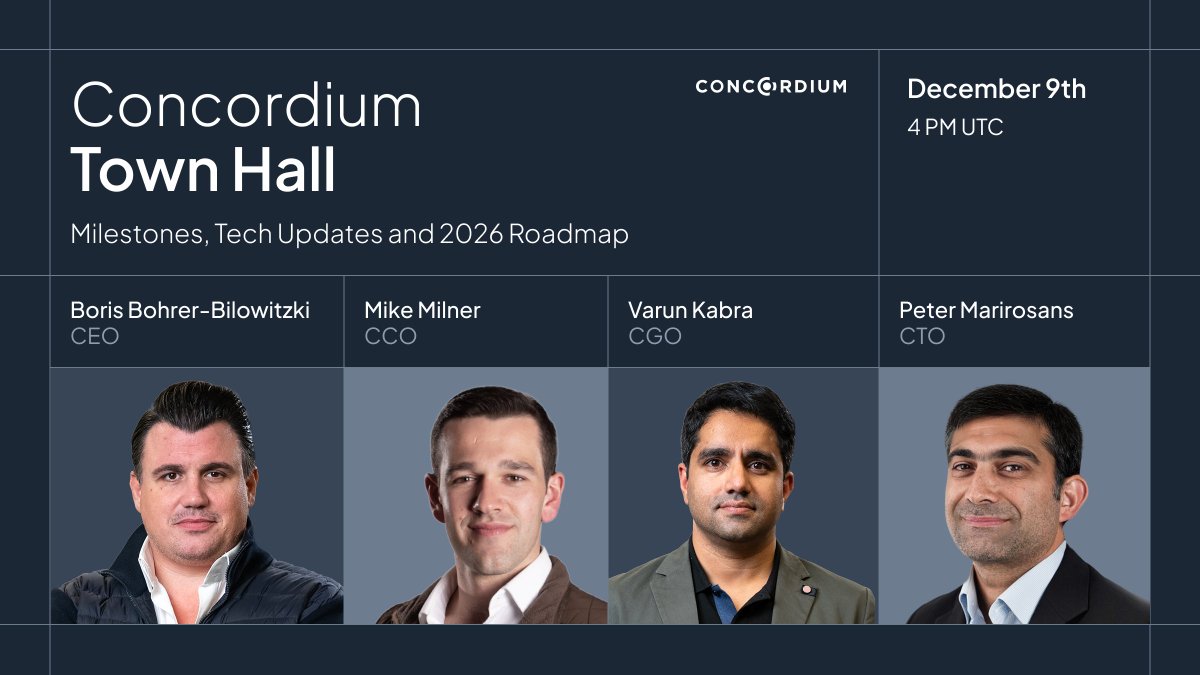 Concordium's tweet image. 📣 It is time for Town Hall #4

Join us as we look back on 2025, the milestones that shaped the year, and what is coming next for Concordium.

📅 Dec 9th at 16:00 UTC
📍 Live on X, LinkedIn, and YouTube

Set a reminder ➡️ bit.ly/4irA6SA