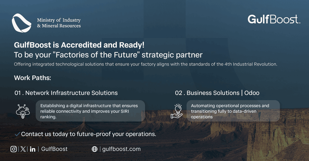GulfBoost's tweet photo. 🚀 GulfBoost is an accredited service provider for the #FactoriesOfTheFuture program!
​We accelerate your factory's digital transformation
​💰 Benefit from a grant covering up to 80% of project costs (max. SAR 300,000).
​Don't postpone! Contact us today. https://t.co/VHDjVYbYuA