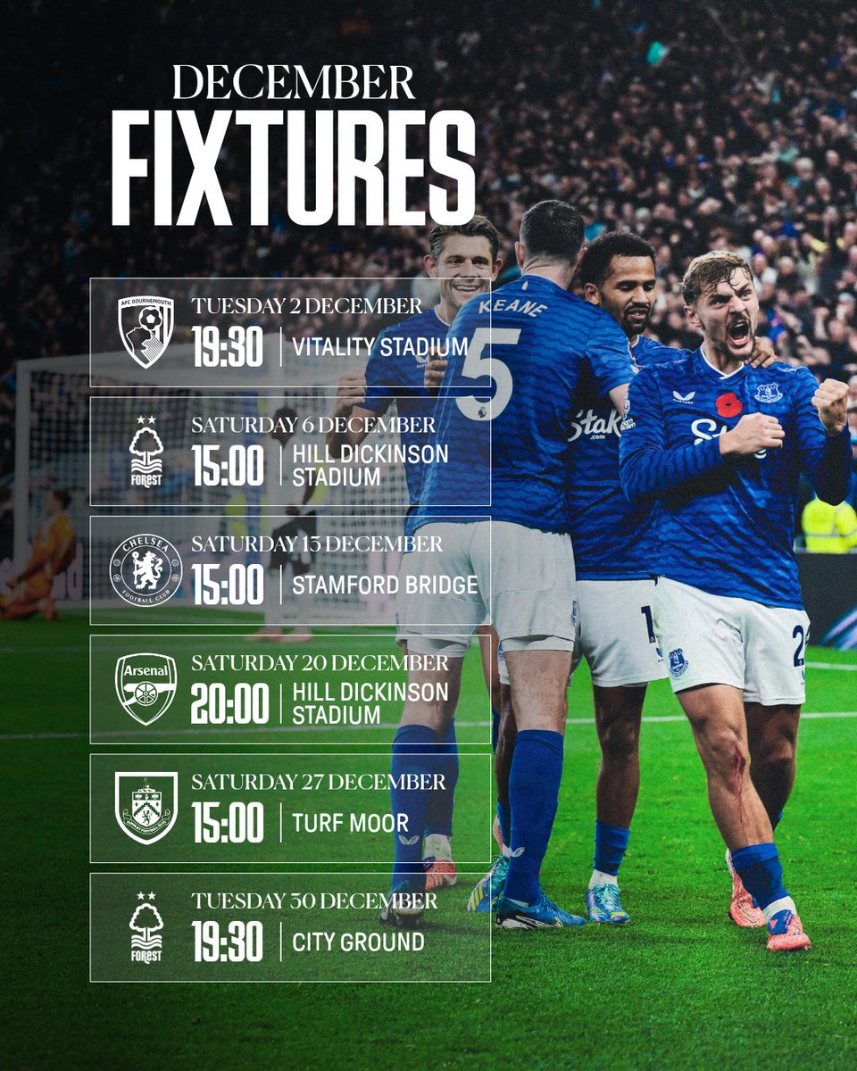 Everton's tweet image. A busy December gets under way tomorrow night. 🗓️