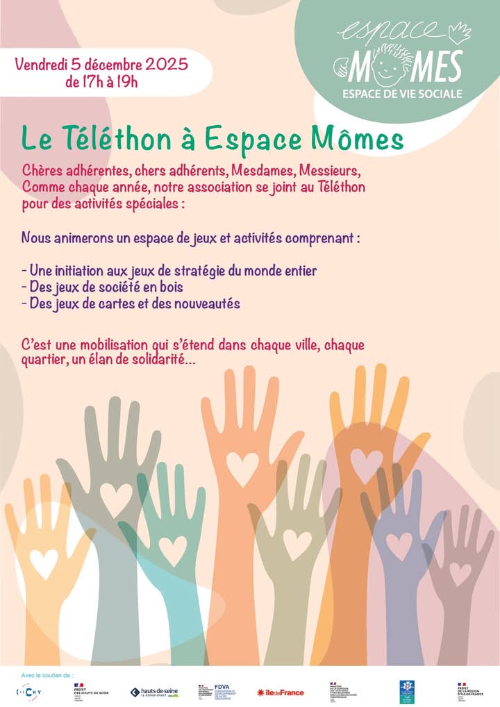 EspaceMomes's tweet photo. Le téléthon à Espace Mômes !
Vendredi 5 décembre 2025 de 17h à 19h venez en famille ou entre amis pour jouer à des jeux de société et contribuer à un élan de solidarité pour le téléthon ! On vous attend très nombreux ! https://t.co/a0fCIGNUEg