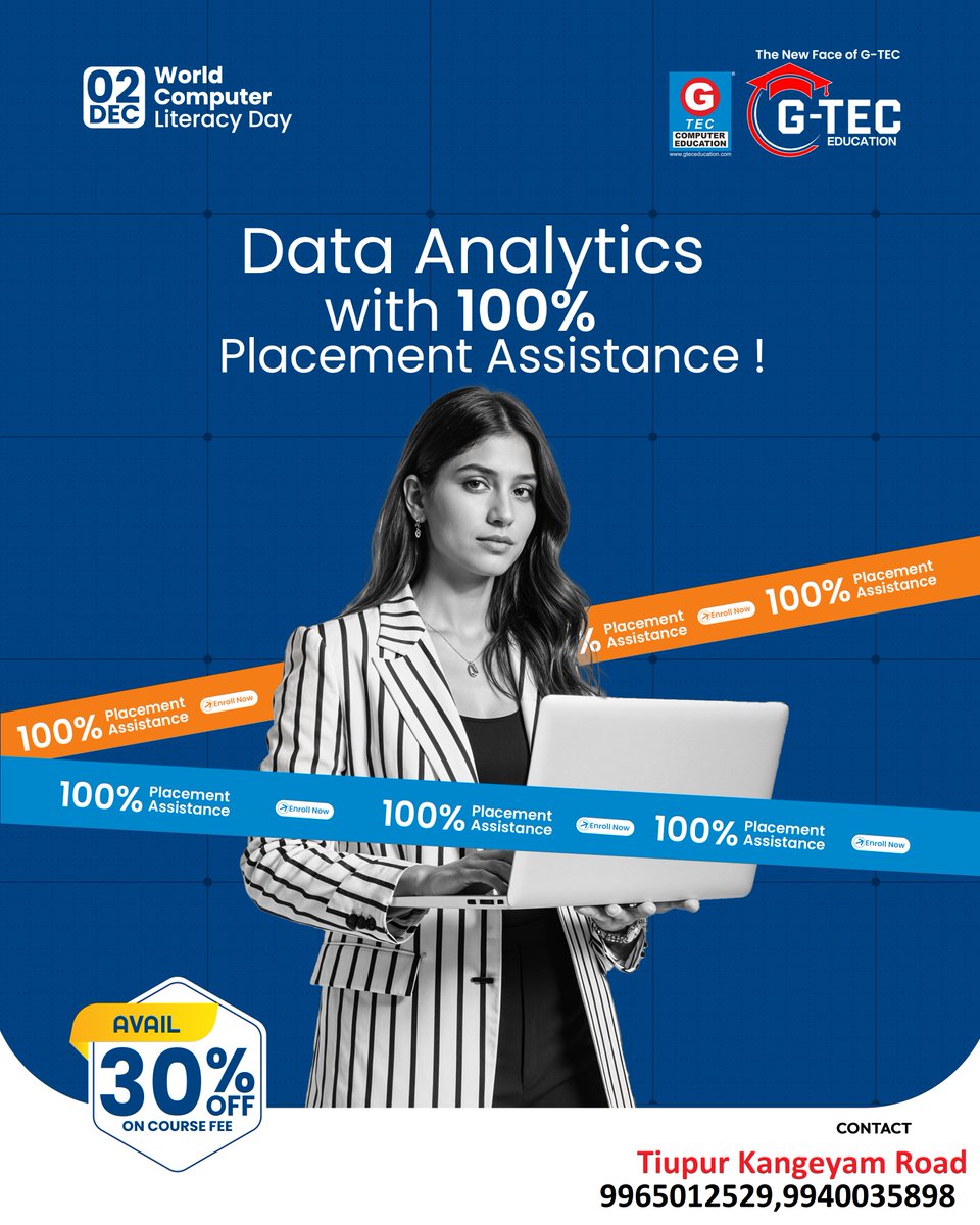 g_tectirupur's tweet image. 📊📈 Build a High-Income Career in Data Analytics!
Learn Excel, SQL, Python, Power BI, Dashboards, Data Visualization, Reporting &amp;amp; more at GTEC Computer Education – Kangeyam Road.
📞 Contact: 9965012529
📍 Tiruppur – Kangeyam Road
#DataAnalytics #AnalyticsCourse #GTECEducation