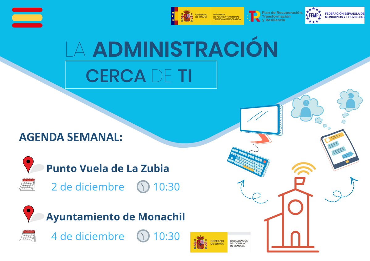 🔔🗓 Esta semana, #LaAdministraciónCercaDeTi se desplaza a #LaZubia y #Monachil

Podrás adquirir:
✔️Certificado Digital y Cl@ve
✔️Información relativa sobre Carpeta Ciudadana y miDGT
✔️Asesoramiento en trámites relacionados con la Admón

💻 Nos acompaña la <a href="/info_TGSS/">Información TGSS</a> y el #INSS