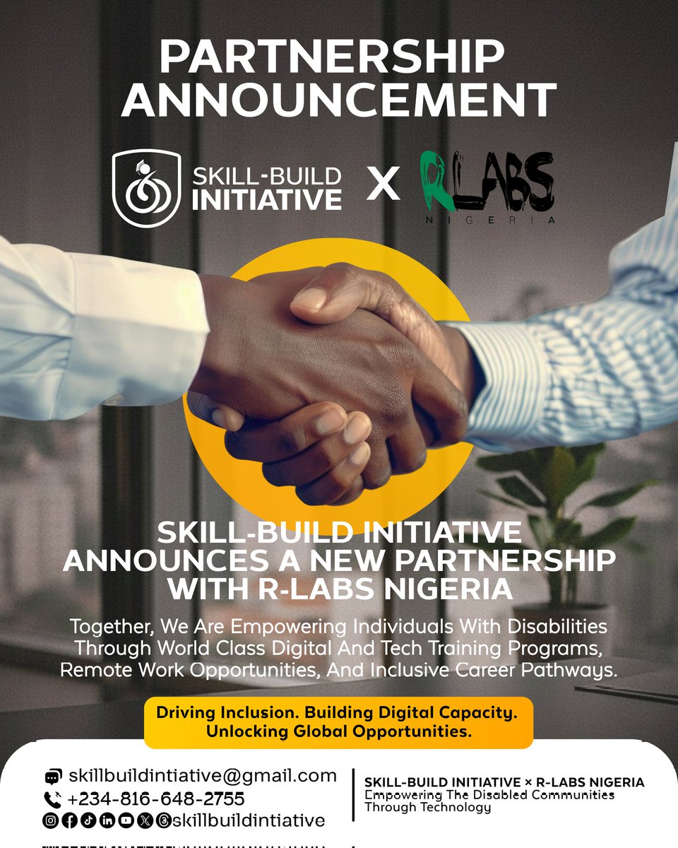 skillbuildNG's tweet image. OFFICIAL PARTNERSHIP ANNOUNCEMENT! 🌍
We are excited to share the great news of our strategic partnership with RLabs Nigeria.
Together with RLabs, we will:
Support inclusion through technology
Provide paid internship.
#partnerships #skillbuild