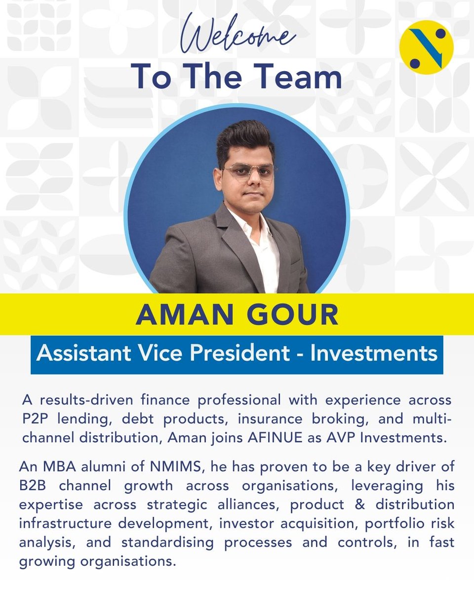 Afinue_com's tweet image. Welcoming Aman as AFINUE’s AVP – Investments. His expertise across lending, debt products, insurance, and distribution will support our expansion and strengthen our investment platform.

#WelcomeAboard #NewJoinee ##AFINUE #Investments #Finance #Leadership #Growth #AVPInvestments