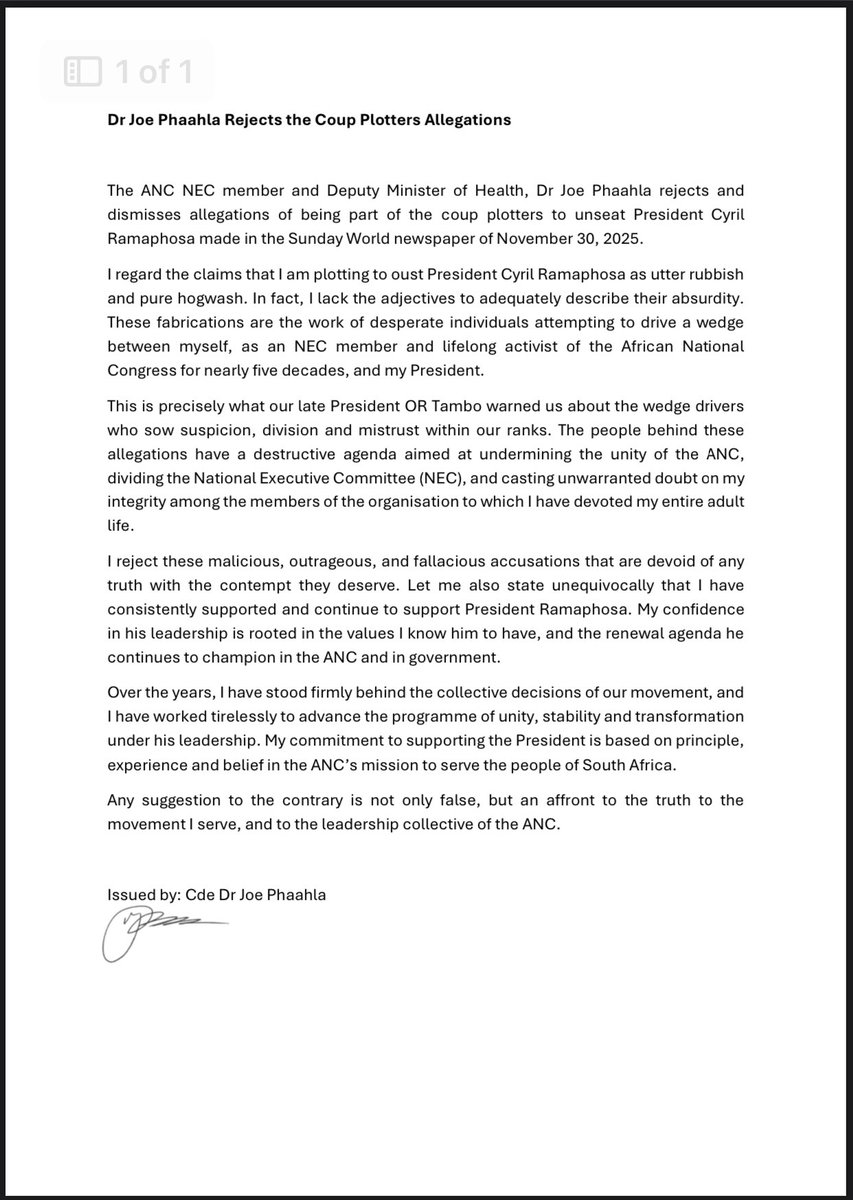 Deputy minister of health, Joe Phaahla says he knows nothing of the plans to unseat president, <a href="/CyrilRamaphosa/">Cyril Ramaphosa 🇿🇦</a> through a coup. 

“I regard the claims that I am plotting to oust President Cyril Ramaphosa as utter rubbish and pure hogwash.” <a href="/BDliveSA/">Business Day</a>