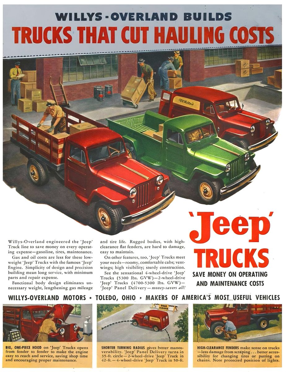Trucks that cut hauling costs, ad circa 1949! Happy Monday! 
................
#jeep #jeeplife #monday #legendary1941 #willys