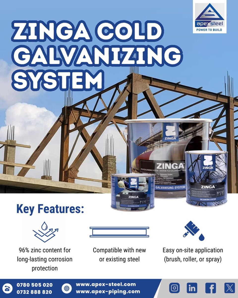 ApexSteelLtd's tweet photo. Give your steel the protection it deserves with the ZINGA Cold Galvanizing System.

📩 DM us for inquiries
📞 Call/WhatsApp: 0780 505 020 / 0732 888 820
🌐 https://t.co/MkyYDRaPvu

#ApexSteel #powertobuild #Zingalu #buildwithstrength #zinga https://t.co/i4k7UuL4NF