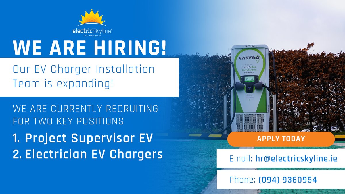 electricskyline's tweet photo. Electric Skyline is growing and we are recruiting. We are looking for a Qualified Electrician and a Project Supervisor to join our EV Charger Installation Team.

If you are experienced motivated and ready to work on a wide variety of EV charging projects we would love to hear from you. You will be joining a supportive team where your skills and ideas will make a real difference.
To learn more or to apply please visit our website for full role details.

Join us and help power a cleaner brighter future with Electric Skyline.

https://t.co/TjUgR7zCuV
