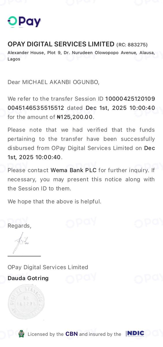 <a href="/wemabank/">Wema Bank</a> good day, kindly help me reverse the below transaction as I was debited and didn’t get value for the transaction any bank <a href="/OPay_NG/">OPay</a> as confirmed that the money is in your bank