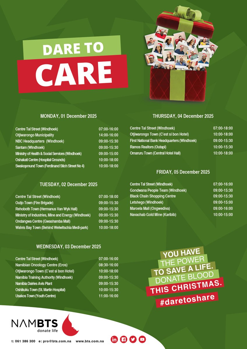 NamBTService's tweet image. Find our weekly blood donation schedule! As we celebrate this joyful season,let’s remember that the greatest gift is the one that saves a life.

Make time,make a difference and be a reason someone celebrates this season of love.
 Donate blood. Save lives. #DareToCare #DareToShare