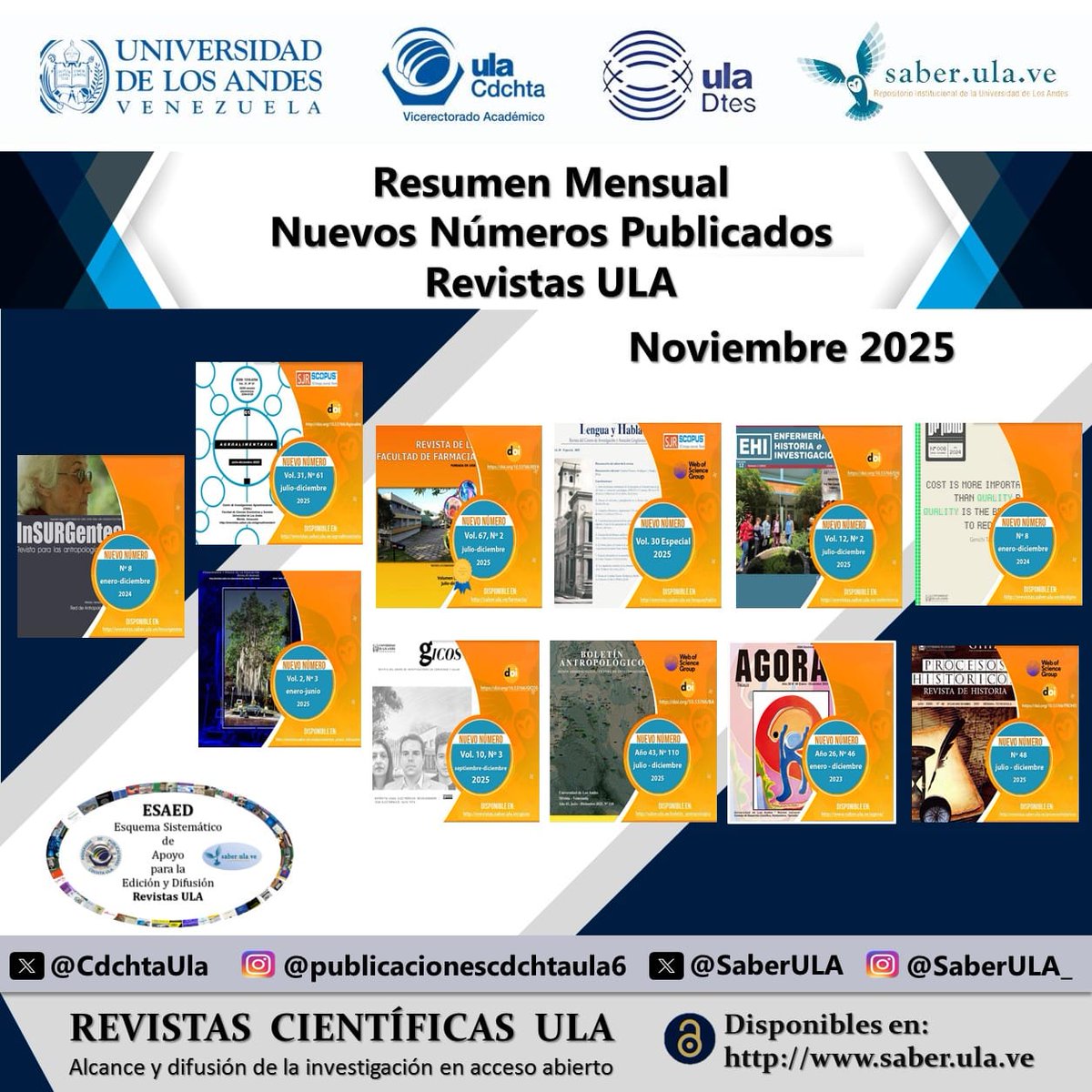 Resumen Mensual Nuevos Números Publicados Revistas ULA. Noviembre 2025. <a href="/ULA_DTES/">DTES ULA</a> <a href="/PrensaULA/">Noticias Prensa ULA Cuenta Oficial</a> <a href="/rectoradoula/">Rectorado ULA</a> <a href="/CDCHTA/">CDCHTA ULA</a> <a href="/CdchtaUla/">Publicaciones CDCHTA ULA</a> <a href="/revistasve/">Revistas Científicas de Venezuela</a>
