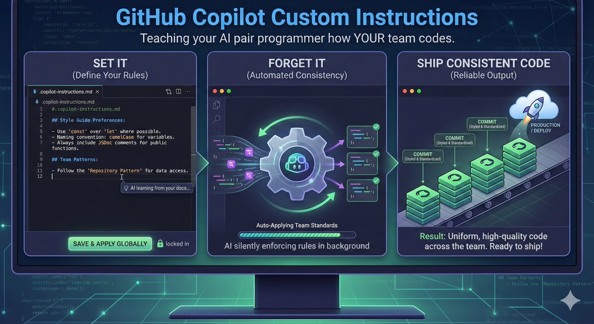 justshipit_v0's tweet image. GitHub Copilot Custom Instructions = 
Teaching your AI pair programmer how YOUR team codes.
Set it.  Forget it. Ship consistent code. 

#GitHubCopilot #buildinpublic