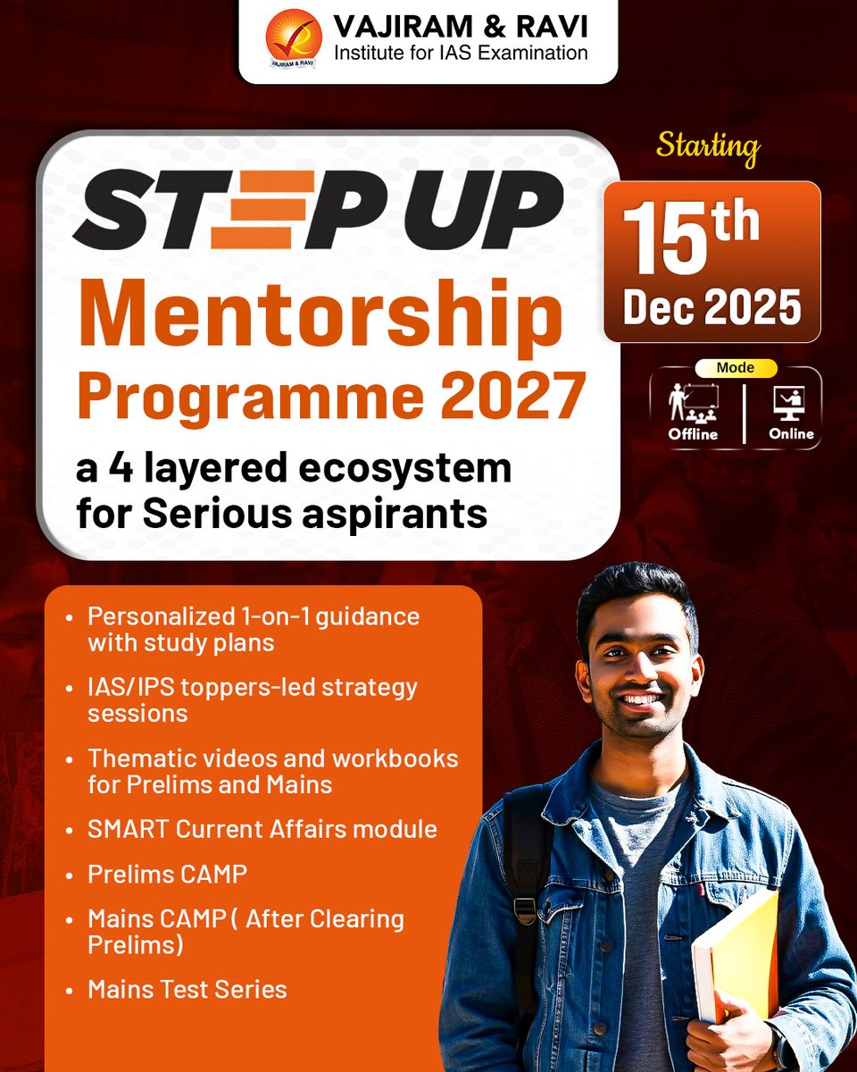 VajiramRavi's tweet photo. 🌟 StepUp Mentorship Programme – UPSC 2027 🌟
A 4-layered personalised mentorship programme for serious aspirants!

For Enquiry: https://t.co/xR5f4FsHue

#VajiramAndRavi #Stepupprogram #UPSCPreparation  #UPSC2026 #UPSCCoaching #upscclasses
#upscprep #vajiramclasses https://t.co/E0rmpL3ur7