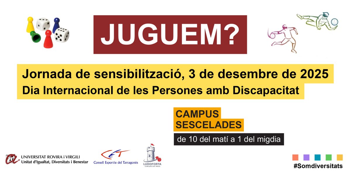 universitatURV's tweet photo. #agendaURV | Jornada de sensibilització en el Dia Internacional de les Persones amb Discapacitat. S'organitzaran activitats i jocs vivencials en clau inclusiva i per sensibilitzar en la diversitat.

🗓️3/12
🕚10h
📍Campus Sescelades, espais exteriors

👉https://t.co/ZiSscVwAll https://t.co/hewGPInVf0