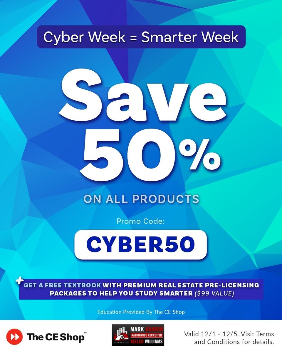 MarkJRankin's tweet image. 🚨 CYBER SALE ALERT! 🚨

Save 50% on Licensing &amp;amp; Continuing Education courses when you visit RECareer.theceshop.com and use promo code CYBER50.

🗓️ Offer valid 12/1/25–12/5/25!

#realestateeducation #CyberSale#realestatecourses #markrankinteam #trulyremarkableservice