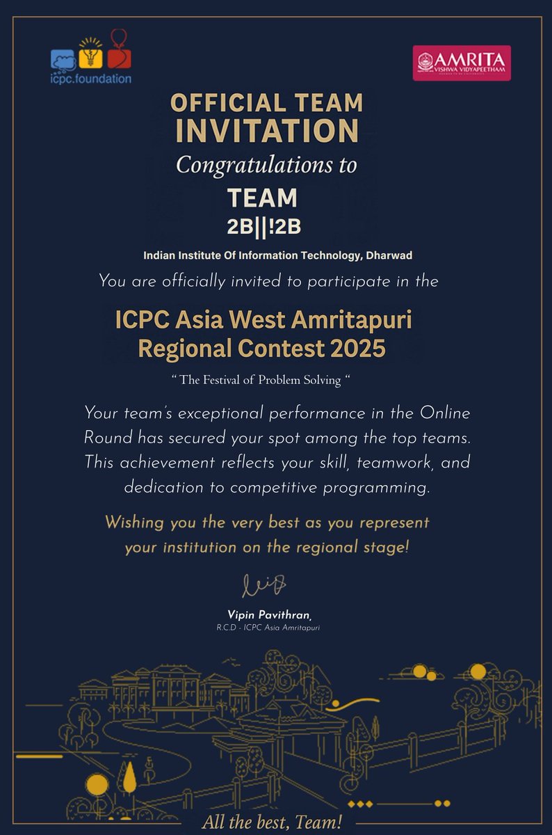 mayank_8127's tweet image. Got selected ICPC Regionals for both Kanpur &amp;amp; Amritapuri!!!

I&apos;m excited to share that our team, 2b||!2b [Me, Shivambu Dev Pandey, Anas Khan], has qualified for the ICPC Regionals at both Kanpur (100 seats) and Amritapuri (300 seats).

#ICPC #CompetitiveProgramming #Programming