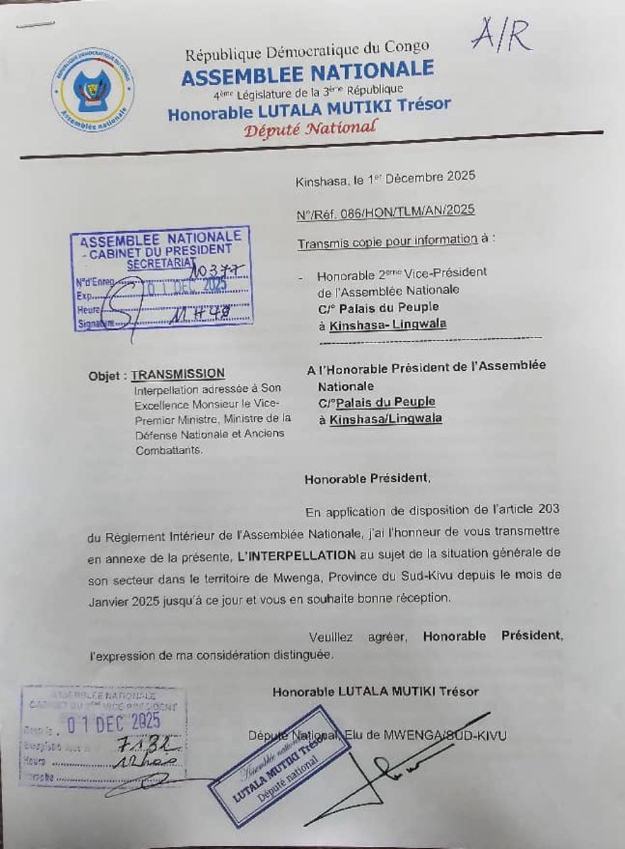 #RDC 🇨🇩: le député Lutala Mutiki interpelle le gouvernement face à la dégradation sécuritaire à Mwenga

Le député national Lutala Mutiki Trésor, élu du territoire de Mwenga (Sud-Kivu), a interpellé ce lundi le Vice-Premier ministre et ministre de la Défense nationale au sujet de