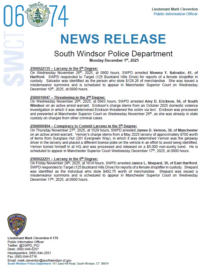 SWPD_PIO's tweet image. Good morning #SW06074.  Attached is the news release for Monday, December 1st, 2025.