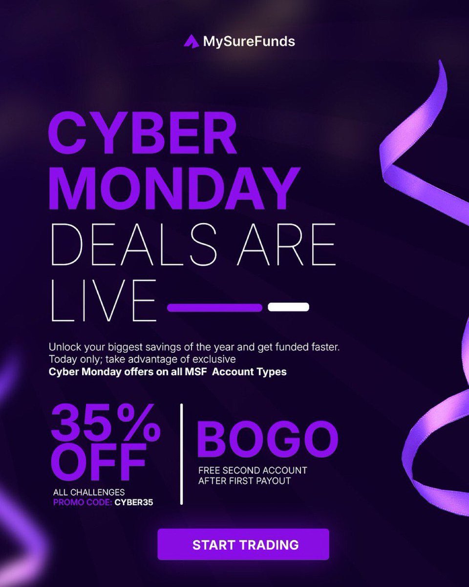 CYBER MONDAY is live! 🟣

Get 35% OFF all challenges (code: CYBER35) + BOGO after your first payout.

Don’t miss today’s biggest <a href="/mysurefunds/">MySureFunds</a> offer. Tap in. 

dashboard.mysurefunds.com/register/?ref=…